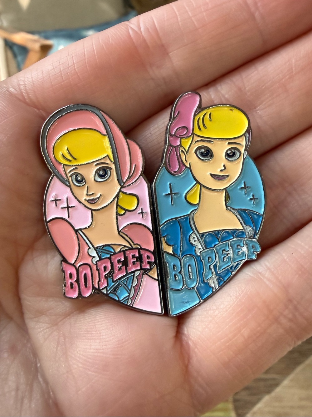 Bo Peep Split Heart Enamel Brooch Set - Pink and Blue